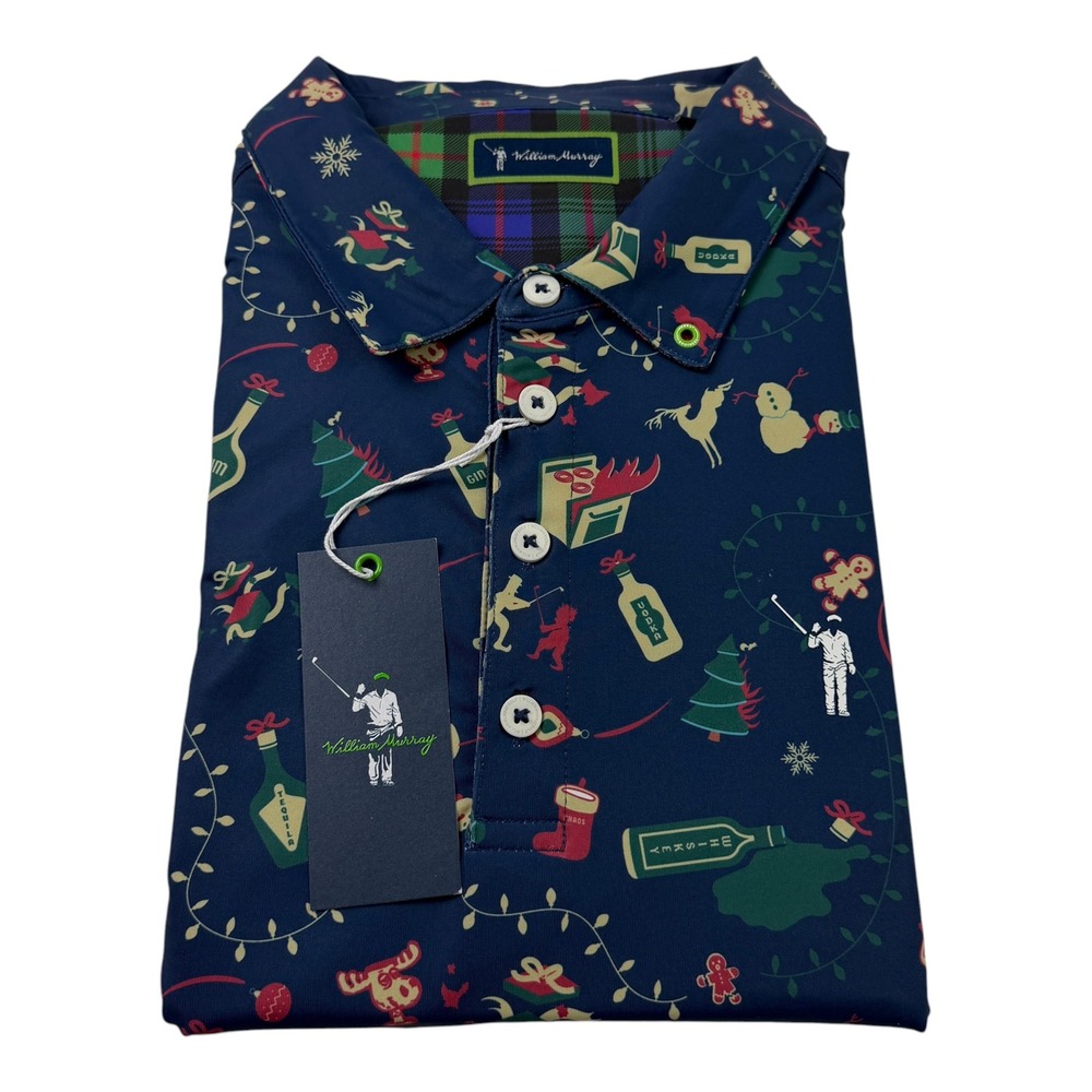 William Murray Golf Mens Large Christmas Polo Shirt Navy Holiday Novelty NWT